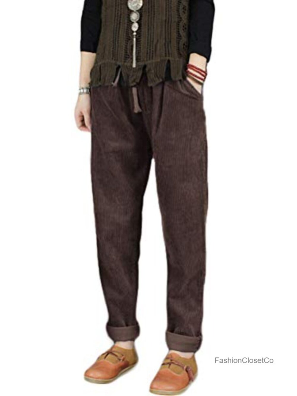 Women's Corduroy Drawstring Pants Casual Trousers High Rise